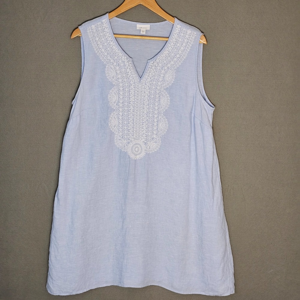 J Jill Love Linen Embellished‎ Dress Womens XL Blue Embroidered Beaded Coastal